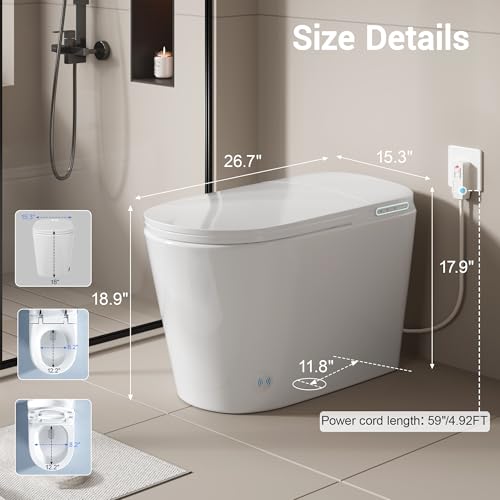 Image of Smart Toilet with Bidet Elongated Heated Seat Dual Flush /Seat & Lid | Foot Sensor Electric Modern One Piece Toilet with Warm Water Wash&Air Dry LED Display Siphon Flush 1.28 GPF MAP 1000g