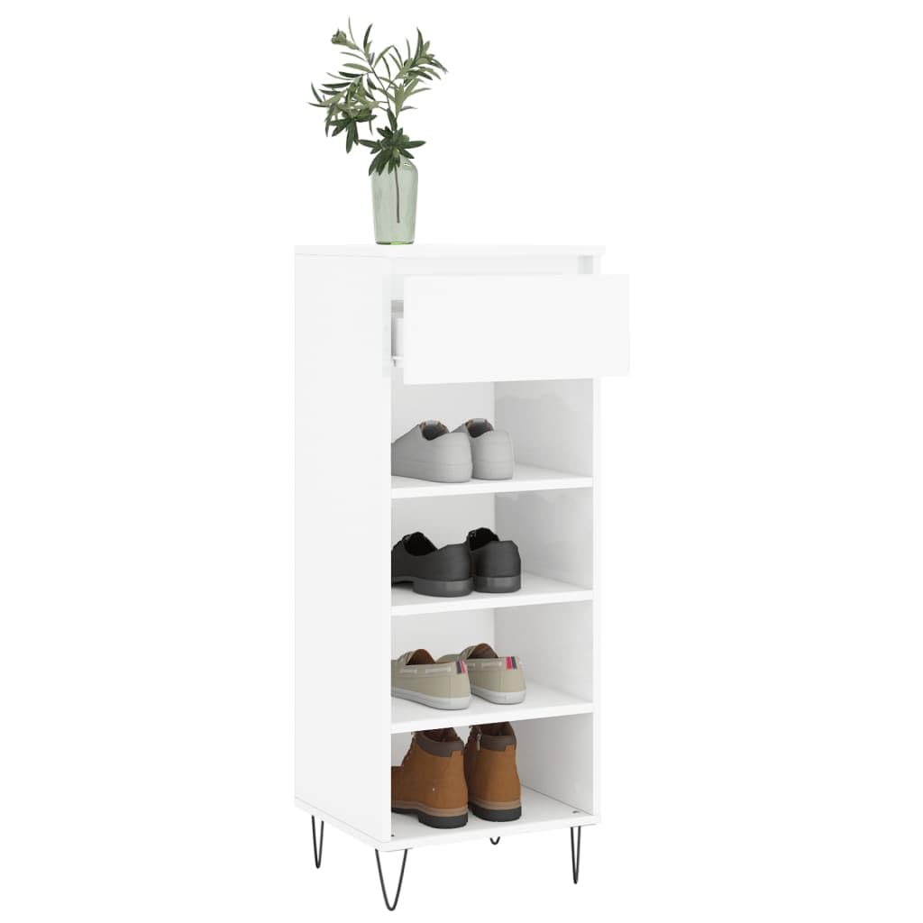 Schuhschrank Hochglanz-Weiß aus Holzwerkstoff 40x36x105 cm mit Metallbeinen, Schuhregal platzsparend, Schuhablage mit Schublade, Schuhständer für Schuhaufbewahrung im Wohnraum