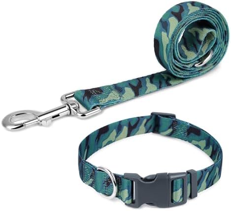 Print Patterned Dog Collar Leash Set, Adjusted Quick-Release Plastic Buckles and Heavy-Duty Steel D-Ring Nylon Collar Leash Set Strong Durable, Green Camo,S