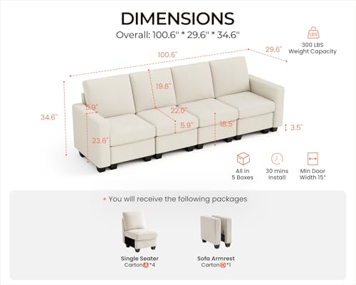 Image of CHIC HOUSE Modular Sectional Sofa with Storage Ottomans, Corduroy Cloud Couch for Small Spaces & Apartments, Reconfigurable L /U Shaped Convertible Corner Sofa, Beige, 5 Seater Sectional