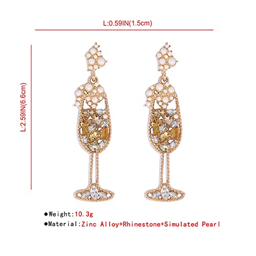 Handmade Champagne Martini Wine Glass Dangle Earrings Shiny Rhinestones Crystal Pearl Beaded Drop Earrings Charming Cocktail Glass Earrings For Women Girls Exquisite Jewelry Gift (Champagne) #TOP1