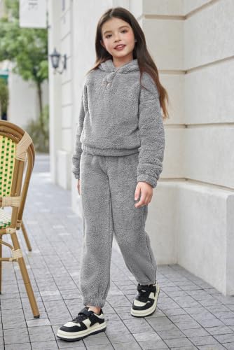Image of Arshiner Girls 2 Piece Outfits Sweatsuit Fuzzy Long Sleeve Bear Ear Hoodie Sweatshirt and Sweatpant Kids Clothing Sets
