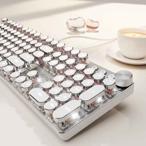 Image of EWEADN Typewriter Style Mechanical Gaming Keyboard, Wired Mechanical Keyboards,104 Keys Backlit LED Keyboards, Media Control Knob, Wired Computer Keyboard Pink Switch for Windows /Mac /PC-White