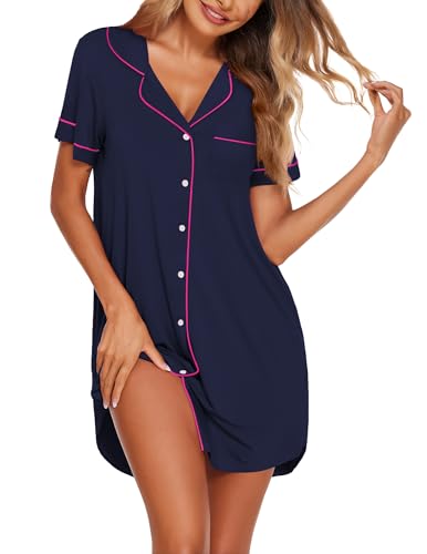 Image of Ekouaer Nightgowns for Women Button Down Sleepshirt Short Sleeve Nightshirt Boyfriend Pajamas V Neck Nightdress S-XXXL