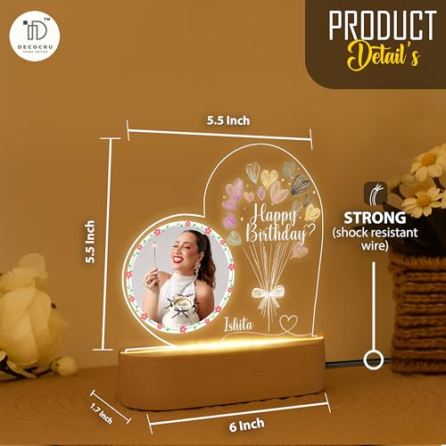 Image of Personalized Happy Birthday LED Night Light with Photo - Custom Gift for Him or Her - Acrylic Lamp with Name and Picture - Birthday Gift for Men, Women, Friends, Decor Table Lamp for Bedroom