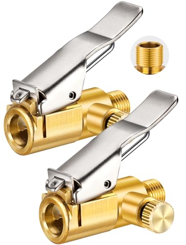 2-Pack Locking Tire Air Chuck, Brass Tire Inflator Hose Adapter w/Clip Adapter & Release Button for Lock On, No Leakage Air Compressor Pump Clip On Tire Chuck Nozzle Adapter Connect Accessories Tool
