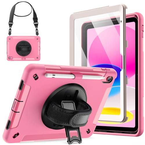 Image of JETech Cover Case for iPad (A16) 11th /10th Generation (2025 /2022) with Built-in Screen Protector, Protective Shockproof Rugged Tablet Cover, 360 Degree Rotating Hand Strap Stand (Pink)