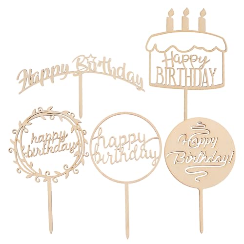 DOITOOL Adornos para Tartas de Cumpleaños de Madera Natural 5 Piezas Pancarta Happy Birthday Decoración Reutilizable para Cupcakes y Fiestas Infantiles