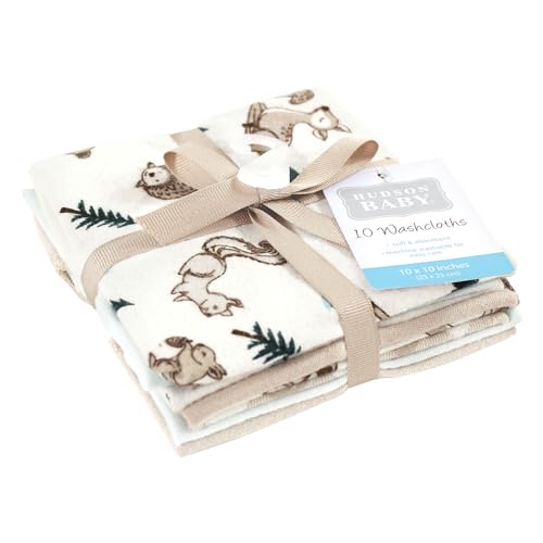 Image of Hudson Baby Unisex Baby Flannel Cotton Poly Washcloths, Boy Woodland Pals 10Pk, One Size