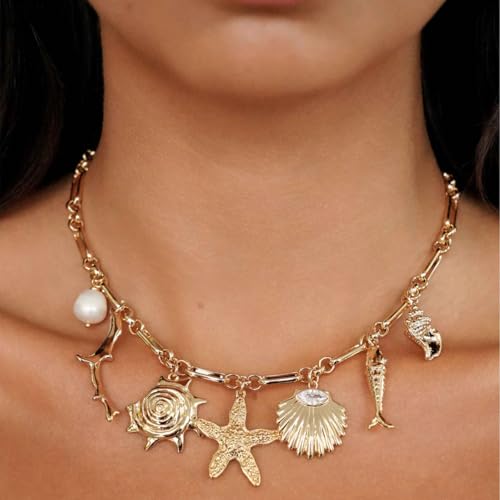 Ettika Necklace for Women. Oceanic Dreams Charm Necklaces, 18k Gold Plated Assorted Shell And Pearl Charms. Jewelry3