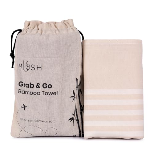 Image of Mush Bamboo Travel Towel | 100% Bamboo Bath Towel for Beach, Hiking & Gym Towel for Men Workout | Quick Dry & Compact Towels with Travel Bag | 60x120 cms, 250GSM | Pack of 2 (Lavender & Beige)