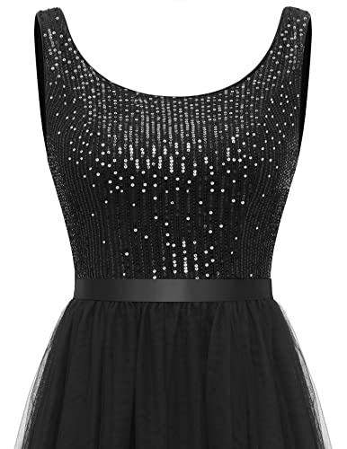 Berylove Sequin Dress For Woman Vintage A Line Wedding Formal Swing Mesh Dress Sleeveless Cocktail Maxi Gowns Black M #TOP5
