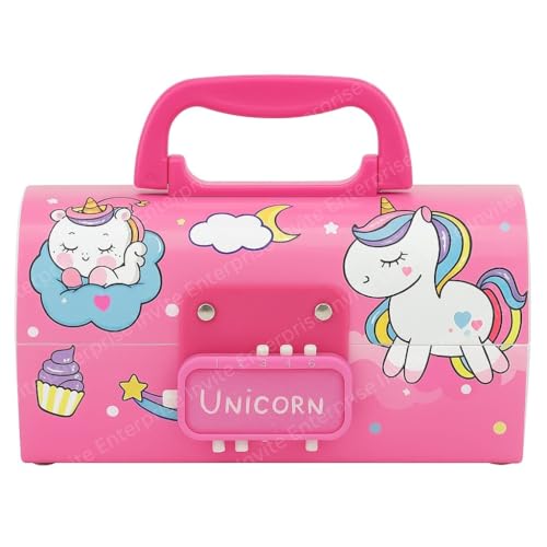 Image of WORSHIPER Cartoon Theme Pencil Box for Kids | Suitcase Style Password Lock Stationery Organizer | Multi-Layer Pen & Pencil Case for Boys & Girls (Unicorn Pink - UPB)