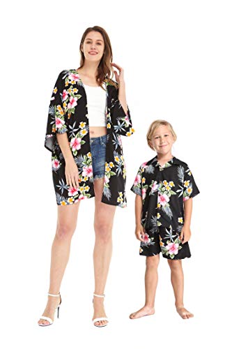 Matching Hawaiian Luau Mother Son Kimono Boy Shirt in Hibiscus Black