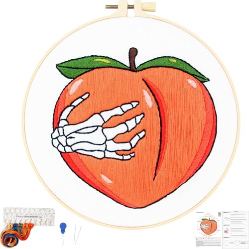 Image of Hand Bone Embroidery Kits for Beginners Adults, Peach Embroidery Starters Kits, Halloween Stamped Cross Stitch Kits DIY Needlepoint Kits for Beginners Adult, Embroidery Hoop, Thread and Video Tutorial