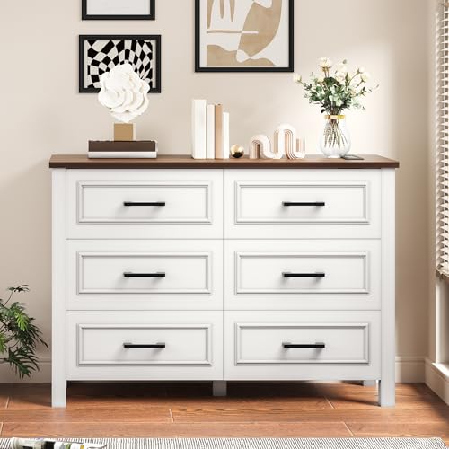DWVO Farmhouse Wooden Dresser TV Stand with Power Outlet, 6-Drawer Dresser with Large Storage Drawers and Bar Handles, Ideal for Living Room, Hallway, 47.2" L x 15.7" W x 33.4" H - White & Walnut