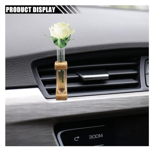 Image of Car Vent Flower Vase Clip Holder, Wooden Car Vase Vent Clip Glass Tube for Fresh Plants, Auto Interior Wooden Ornament Decorations Accessories, Air Vent Flower Pot Ornament for Car (Mahogany)