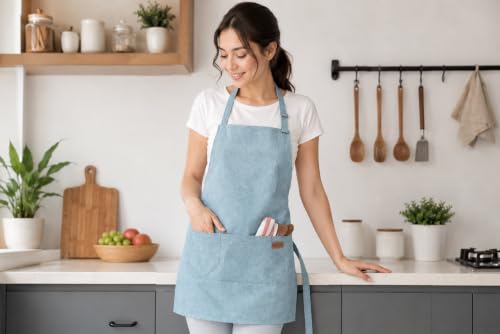 Image of Kitchen Apron, Yellow Cotton Water Resistant with Adjustable Cross Back Straps, Front Pocket, Ergonomic Design
