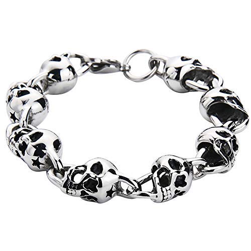 Valily Skull Link Bracelet Stainless Steel Gothic Punk Jewelry Charm Bracelet 9 Inch Human Skull Bead Bracelet for Men 22CM