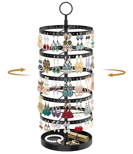 Image of MODOWEY 5 Tier Rotating Earring Holder Organizer, Adjustable Display Tree with Metal Tray, 220 Holes Jewelry Rack for Pierced Stud Hoop Dangle, Large Capacity Space-Saving Stand for Women (Black)