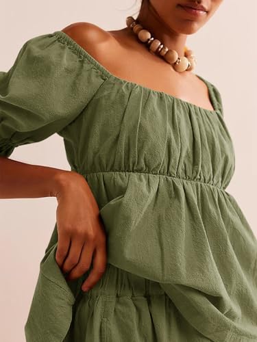 Image of Tankaneo Womens 2 Piece Outfits Summer Square Neck Short Puff Sleeve Babydoll Tops and Shorts Matching Set