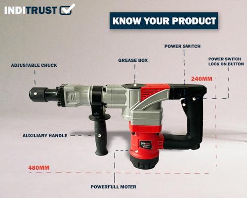 Image of Inditrust 7kg Electric Demolition Hammer, 1500W, 360 Rotating Handle, with Anti vibration control handle, 2900 RPM with 6 MONTHS WARRANTY
