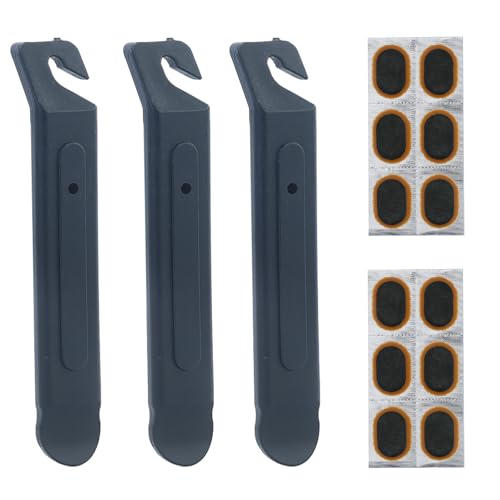 AMANDELIZABE 3 Stück Reifenheber Fahrrad, Fahrradreifen-Reparaturwerkzeug mit 12 Stück Fahrradreifen-Reparaturfolie, tragbarer Reifenwechsel zur Reparatur von Fahrradreifen