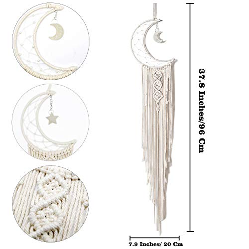 Boho Macrame Woven Wall Hanging, Crochet Crescent Moon Star Dream Catcher With Long Tassel- White Cotton Cord Handmade Bohemian Home Decor Ornament Decoration Art Craft Gift For Kids Bedroom Dorm Room #TOP5