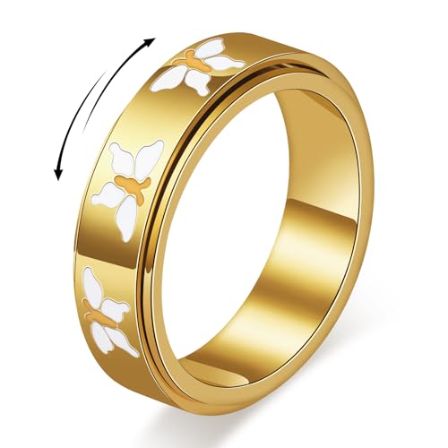 Sfloemm Butterfly Fidget Spinner Ring for Women 18K Gold Plated Stainless Steel Rotating Anxiety Relief Jewelry Size 6-10 (Butterfly Fidget Ring_Gold Size 7)