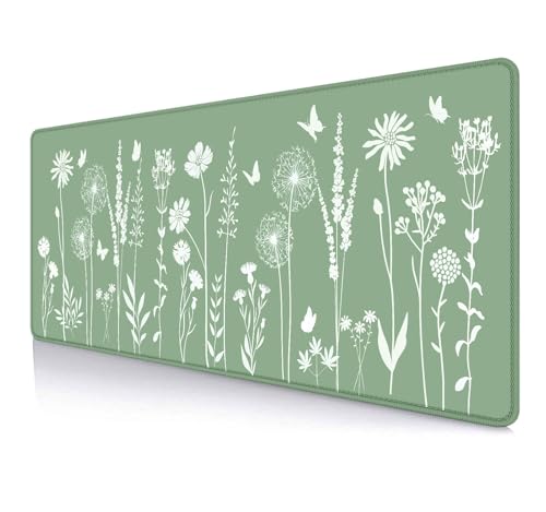 Image of IMAYONDIA Cute Sage Green Desk Mats Mousepad, Plant Floral Anime Deskmat, Aesthetic Desk Pad, Minimalist Mint White Leaves Large Gaming Mouse Pad, Decor Accessories, 31.5 X 11.8