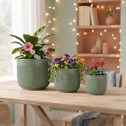 Image of Xtore Verde Ceramic Ribbed Planter Set | Soft Tone Vertical Groove Plant Pots for Home, Office & Living Room Decor - (Set of 3, Green, Planter ONLY)