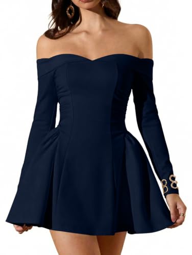 LAGSHIAN Women's Long Sleeve Off Shoulder A-line Party Mini Dress Navy