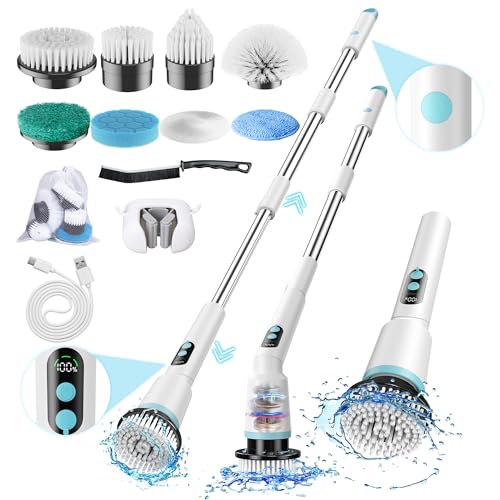 Electric Spin Scrubber with Remote Control, 8 Replaceable Brush Heads, 2 Adjustable Angles, IPX7 100% Waterproof, Cordless Cleaning Brush for Bathroom