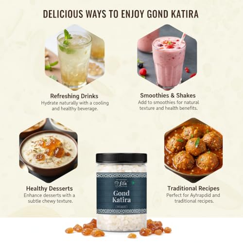 Image of LILA DRY FRUITS Gond Katira 100 gms Natural Edible Gum | Premium Tragacanth Gum Best for Summer Recipes and Drinks | Soak & Use for Desserts Falooda Traditional Recipe Perfect for Gifting