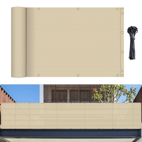 Bynbbur 3' x 10' Balcony Privacy Screen Apartment Deck Railing Fence Lattice Panels for Outside, UV Block Shade Cloth with Grommets, Mesh Fencing Cover for Patio Backyard Porch, Yellowish Beige