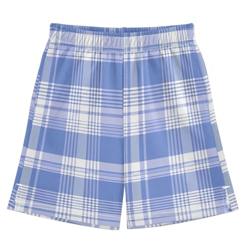 Blue Plaid Athletic Shorts with Zipper Pockets, Youth Boys Athletic Running Shorts for Summer