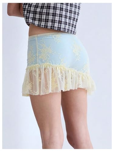 MakeMeChic Women's Beach Cover Up Pleated Mini Skirt Floral Lace Sheer Mid Waisted Summer Boho Y2k Skirts3