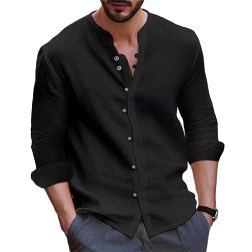 Mens Long Sleeve Button Down Shirt Vintage Slim Fit Band Collar Shirts Casual Long Sleeve Baggy Linen Cotton Tee Tops Black : Clothing, Shoes & Jewelry