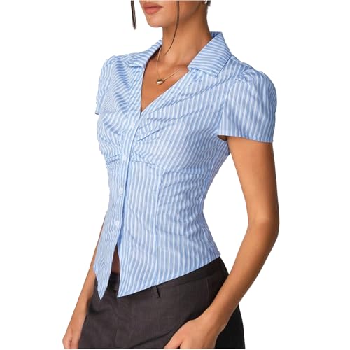 Womens Y2k Button Down Shirt Lapel V Neck Short Sleeve Blouse Striped Slim Fit Ruched Tops Split Front Tees Streetwear4
