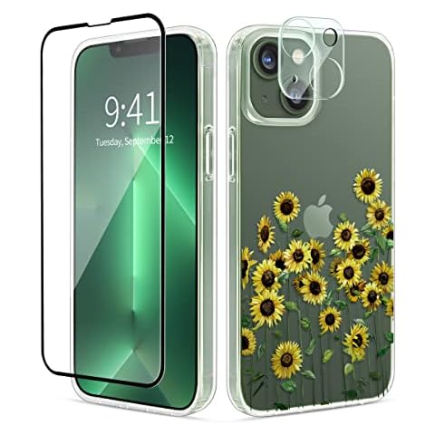 SUMGAR Sunflowers Designed for iPhone 13 Case with Camera and Screen Protector Cute Floral Clear Phone Case Slim Thin Shockproof Cover, Original Flowers Pattern Cover