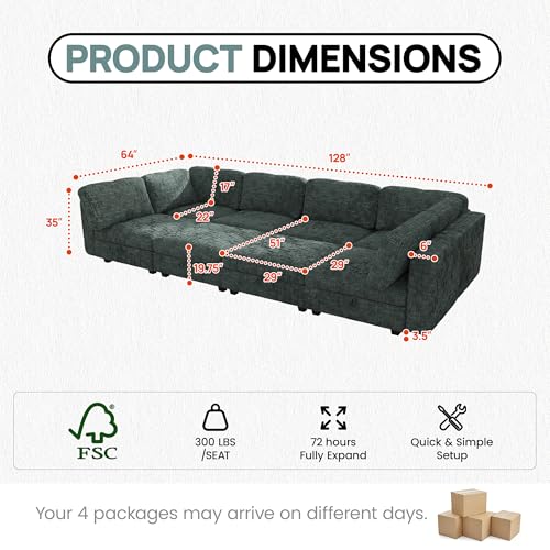Image of 128 inch Modular Sectional Chenille Sofa bed with Hidden Storage, Comfy Modern 8 Seater Oversized Deep Seat Couch, Modular Sectional with Ottoman and Removable Cover for Living Room, Apartment, Green