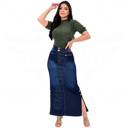 Saia Longa Jeans com Abertura Lateral e Elastano - EWF Jeans - Azul Escuro (BR, Numérico, 40, Regula