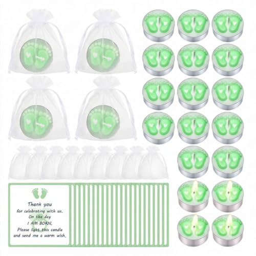 Treela 20 Sets Baby Shower Party Favors Green Tea Lights Candles with Organza Bag for Guests Cute Feet Shaped Burning Thank You Tags Return Gifts Keepsakes for Baby Shower Gender Reveal Party