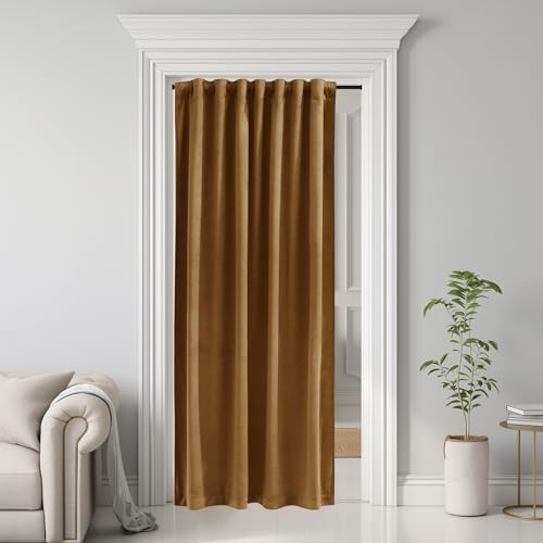 Image of Velvet Doorway Curtains Luxury Gold Brown Back Tab Thermal Insulated Window Drapes Privacy Blackout Room Divider for Autumn Living Room Decor Bedroom, W42 x L80, 1 Panel