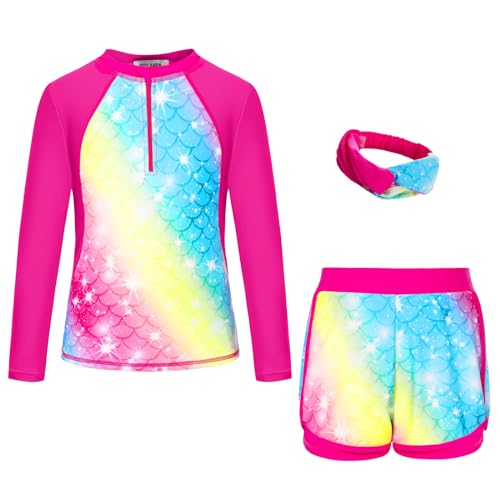 GRACE KARIN Girls 2-Piece Rash Guard Set Long Sleeve Swimwear with Hairband 5-12Y