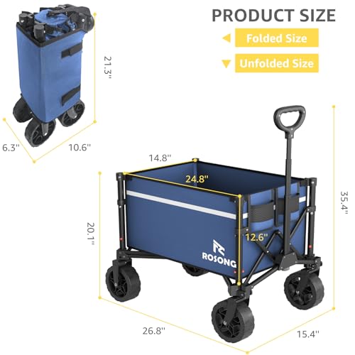 Image of Navy Collapsible Wagon Cart with Wheels Foldable - Folding Utility Heavy Duty Wagons Carts for Grocery Sports Garden Shopping Camping