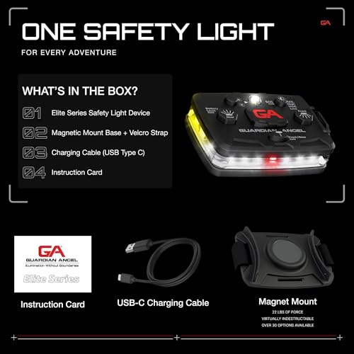 Image of Guardian Angel Elite Series Safety Light, Beacon Device (White Front & Red /Yellow Rear) Rechargeable, Magnetic, Hands-Free Wearable & Mountable LED Flashlight for Construction, Utilities, & Roadside