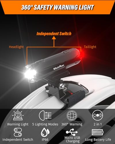 Wind&Moon Integriertes Fahrradhelm Licht Vorne und Hinten, Unabhängiger Schalter für Vorder- und Rücklicht, 5 Blinklichtmodi IP66 Wasserdicht Warnlicht, Sicherheitswarnleuchten Geeignet für Geschenke