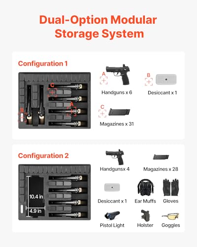 VEVOR Hartschalenkoffer für 6 Pistolen, Pistolenkoffer mit XPE-Schaumstoffeinlage 475x415x215 mm, Wasserdichter Kurzwaffenkoffer mit Anpassbarem Innenraum & Tragegriff, für Pistole Objektive Kamera