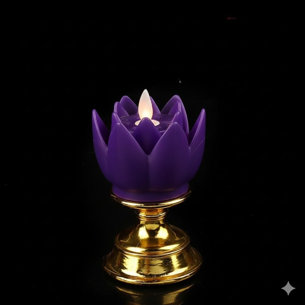Decorative Lotus Flower LED Lamp – Smokeless Electric Candle for Festive, Home, Mandir & Wedding Décor (Purple)